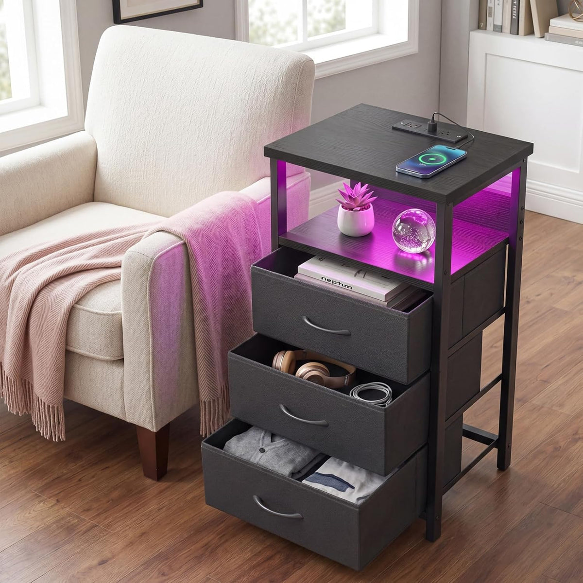 Fixwal Night Stand with 3 Fabric Storage Drawers, LED Nightstand with Charging Station, Bedside Table, Black