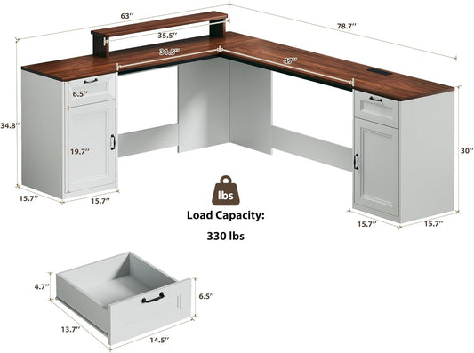 78" Farmhouse L Shaped Executive Desk with Drawers, Modern Computer Desk with Power Outlets, Office Writing Desk with Monitor Stand & Storage Cabinet, Printer Shelf, Antique White