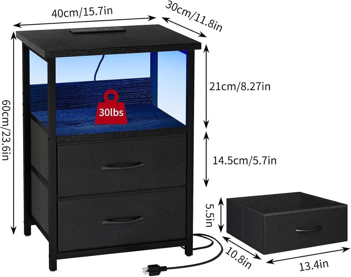 Nightstand Set of 2 Night Stand with Charging Station, LED Nightstand with Fabric Drawers, End Table with PU Finish, Bed Side Table, Black