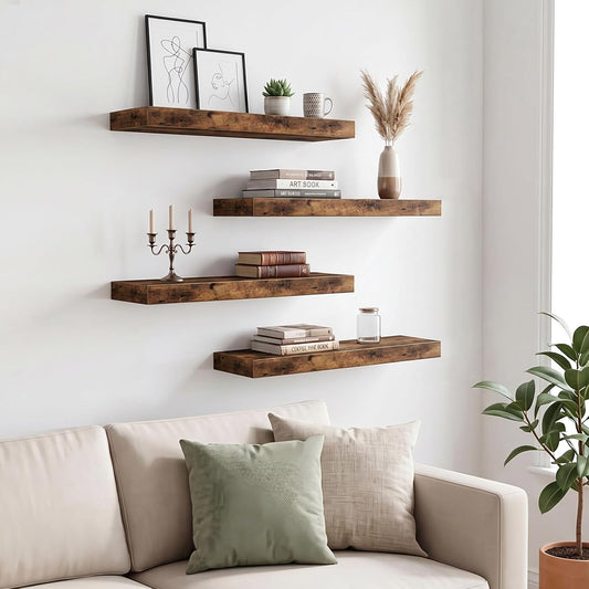Fixwal Wood Floating Shelves, Wall Shelves Set of 4, Shelves for Wall Decor, with Invisible Brackets for Bathroom, Living Room,Bedroom and Kitchen(15.7in, Rustic Brown)