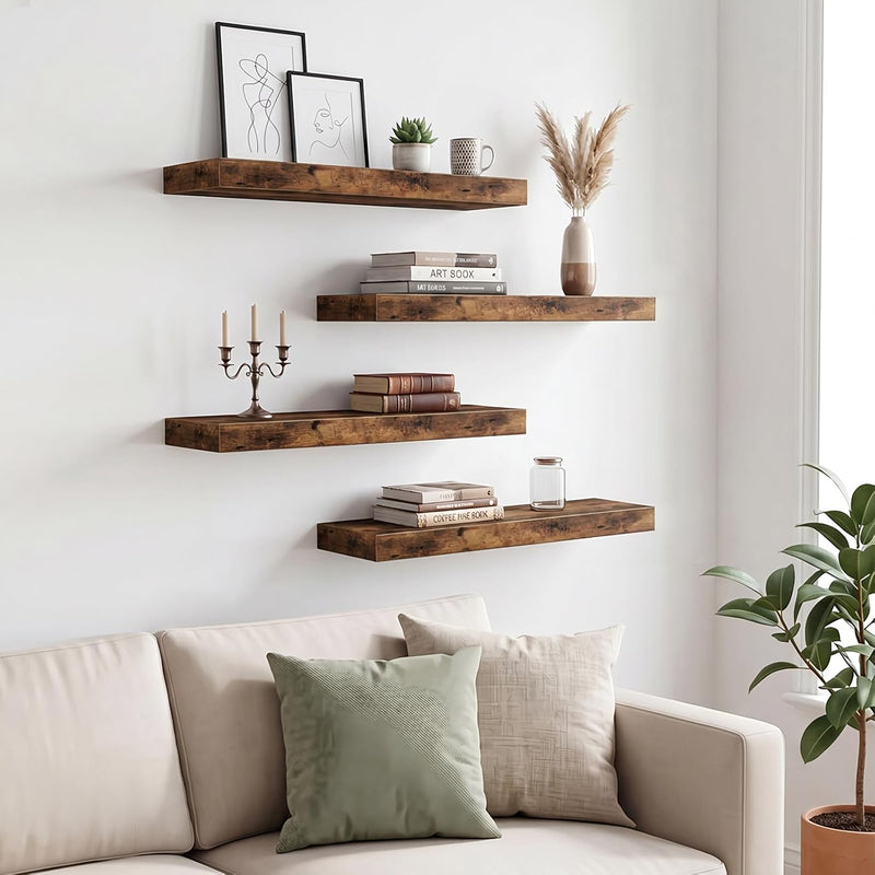 Fixwal Wood Floating Shelves, Wall Shelves Set of 4, Shelves for Wall Decor, with Invisible Brackets for Bathroom, Living Room,Bedroom and Kitchen(15.7in, Rustic Brown)