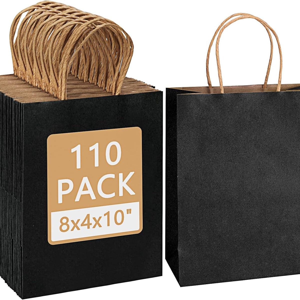 Moretoes 110pcs Paper Gift Bags Black Paper Bags with Handles, 8x4x10 Inch Medium Sizes Gift Bags Bulk, Paper Bags for Small Business, Shopping Bags, Retail Bags, Party Bags, Favor Bags