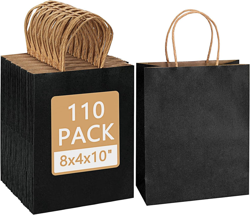 Moretoes 110pcs Paper Gift Bags Black Paper Bags with Handles, 8x4x10 Inch Medium Sizes Gift Bags Bulk, Paper Bags for Small Business, Shopping Bags, Retail Bags, Party Bags, Favor Bags