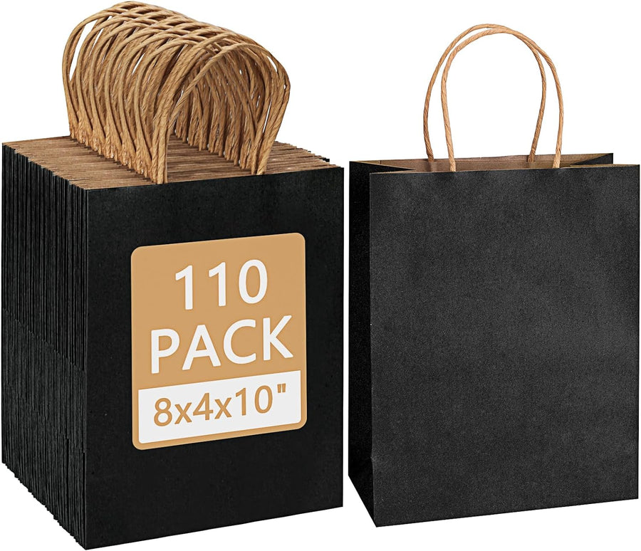 110pcs Paper Gift Bags Black Paper Bags with Handles, 8x4x10 Inch Medium Sizes Gift Bags Bulk, Paper Bags for Small Business, Shopping Bags, Retail Bags, Party Bags, Favor Bags
