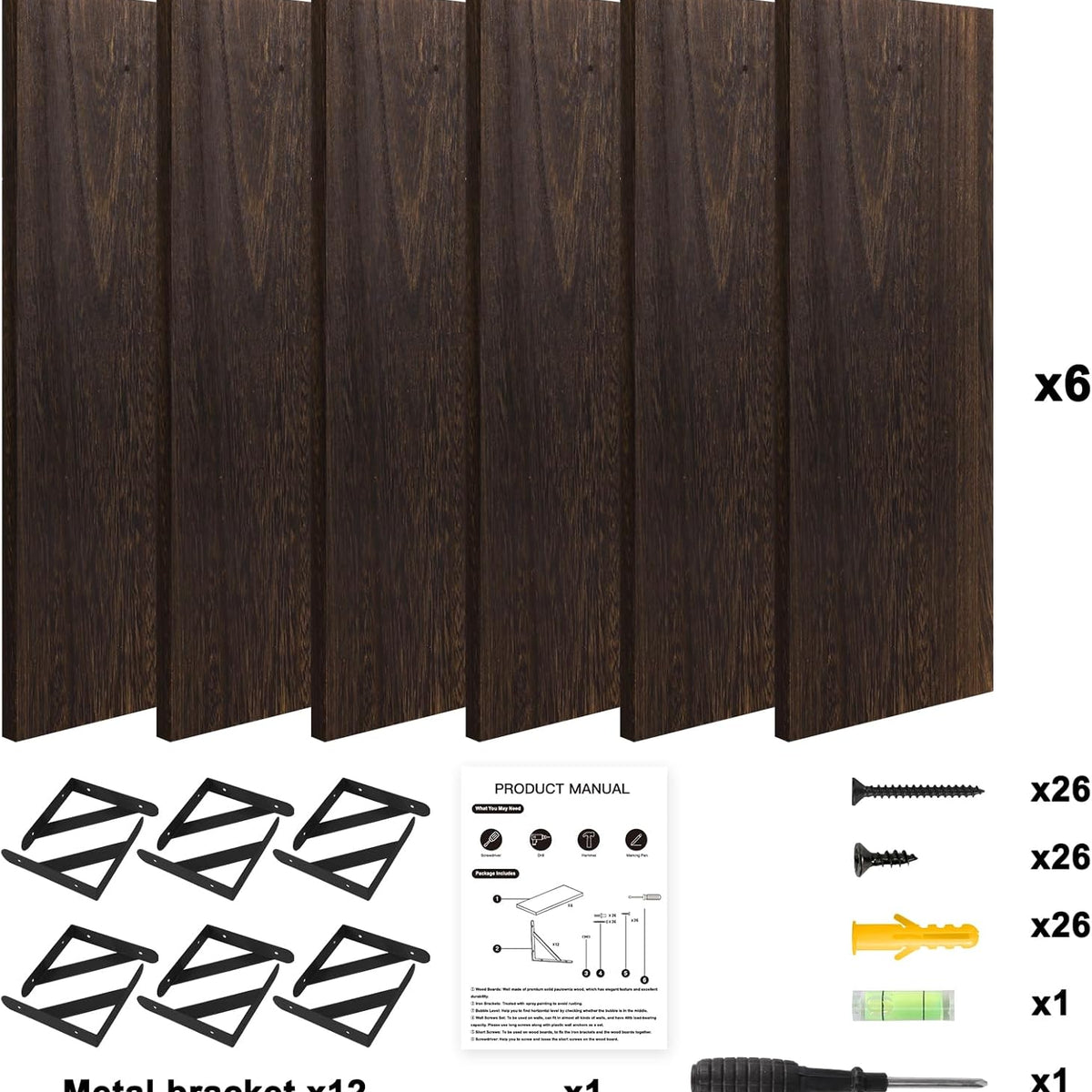 Brown Floating Shelves for Wall, 16.5 Inch Farmhouse Wall Shelves for Bedroom, Bathroom Storage, Living Room and Kitchen Decor (Set of 6 Brown)