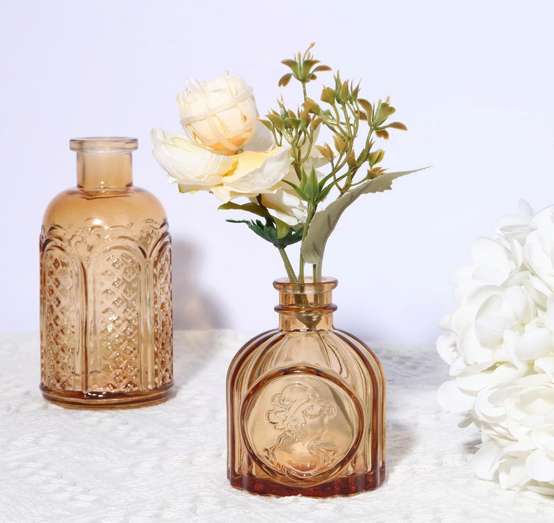 18pcs Amber Glass Bud Vase Set, Gold Small Flower Vases for Centerpieces in Bulk, Mini Vintage Vase for Home, Wedding, Table Decor