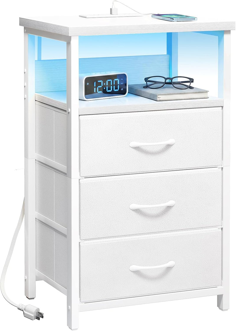 Fixwal White Nightstand with Charging Station, LED Night Stand with 3 Fabric Drawers and Open Shelf, Bedside End Table in Bedroom