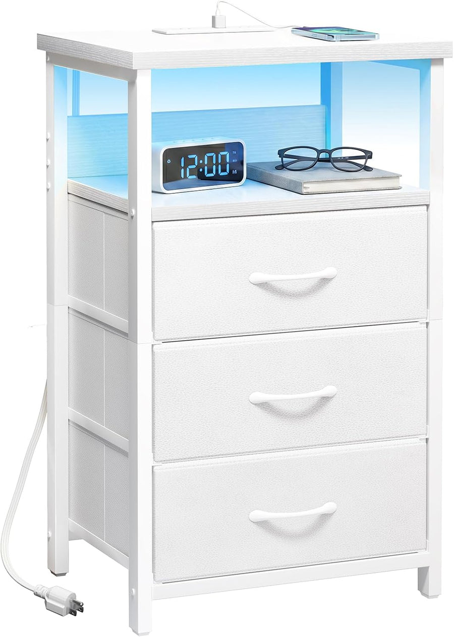 White Nightstand with Charging Station, LED Night Stand with 3 Fabric Drawers and Open Shelf, Bedside End Table in Bedroom