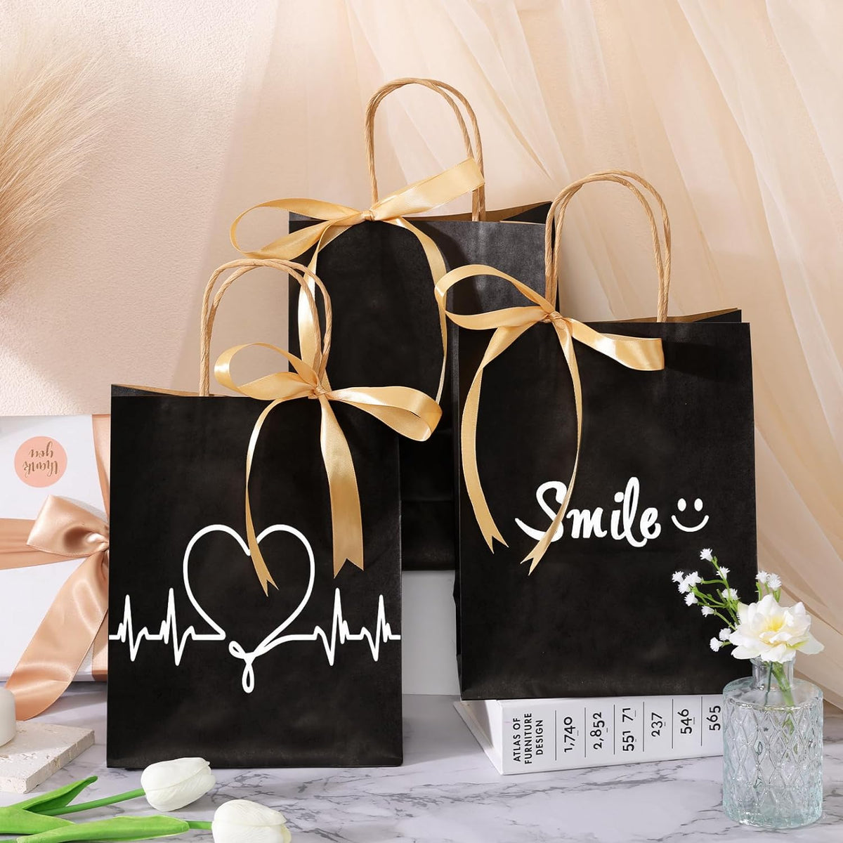 Moretoes 110pcs Paper Gift Bags Black Paper Bags with Handles, 8x4x10 Inch Medium Sizes Gift Bags Bulk, Paper Bags for Small Business, Shopping Bags, Retail Bags, Party Bags, Favor Bags
