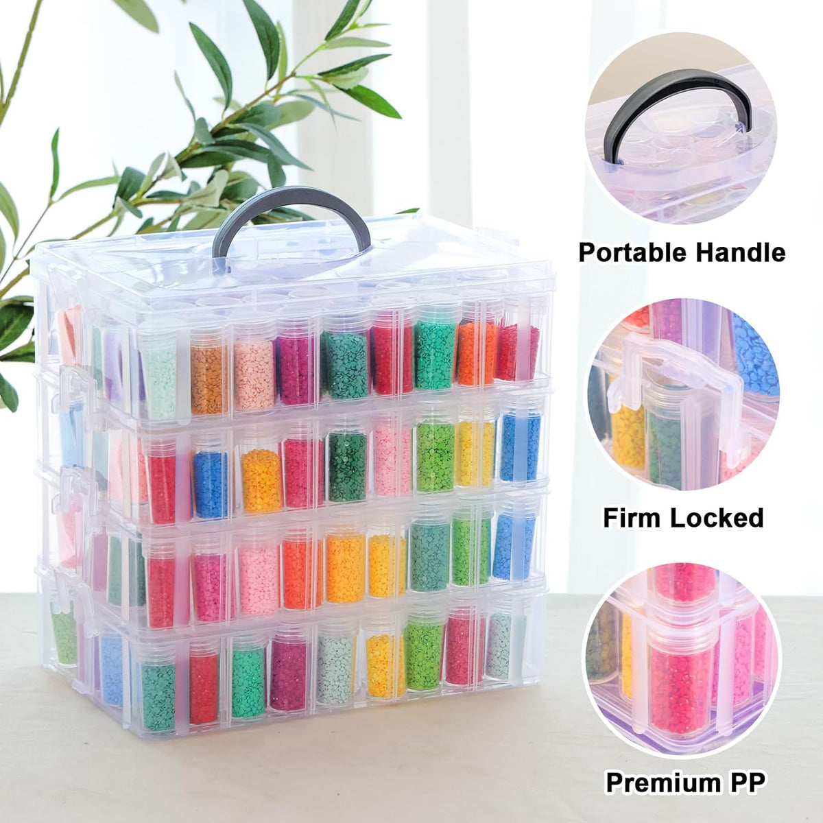 4-Tier Diamond Painting Storage Container, 200 Slots Portable Bead Organizer Box, Stackable Crafts Organizers for DIY Diamond Art Craft Jewelry Bead Storage