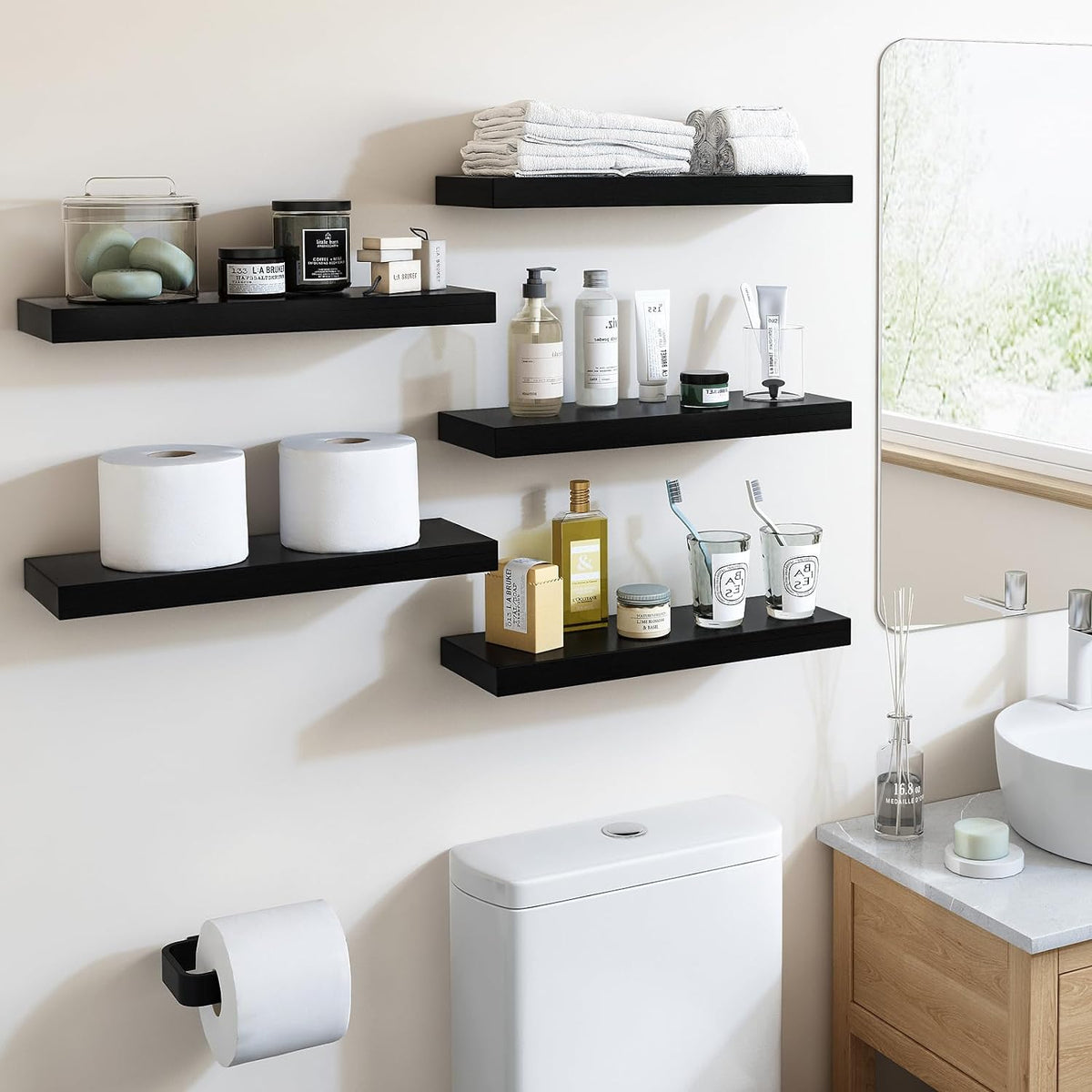 Fixwal 15.8in Floating Shelves for Wall, Black Shelves Wall Mounted Shelf with Invisible Bracket for Bathroom, Living Room, Bedroom, Kitchen, Office Decor (5 Pack)