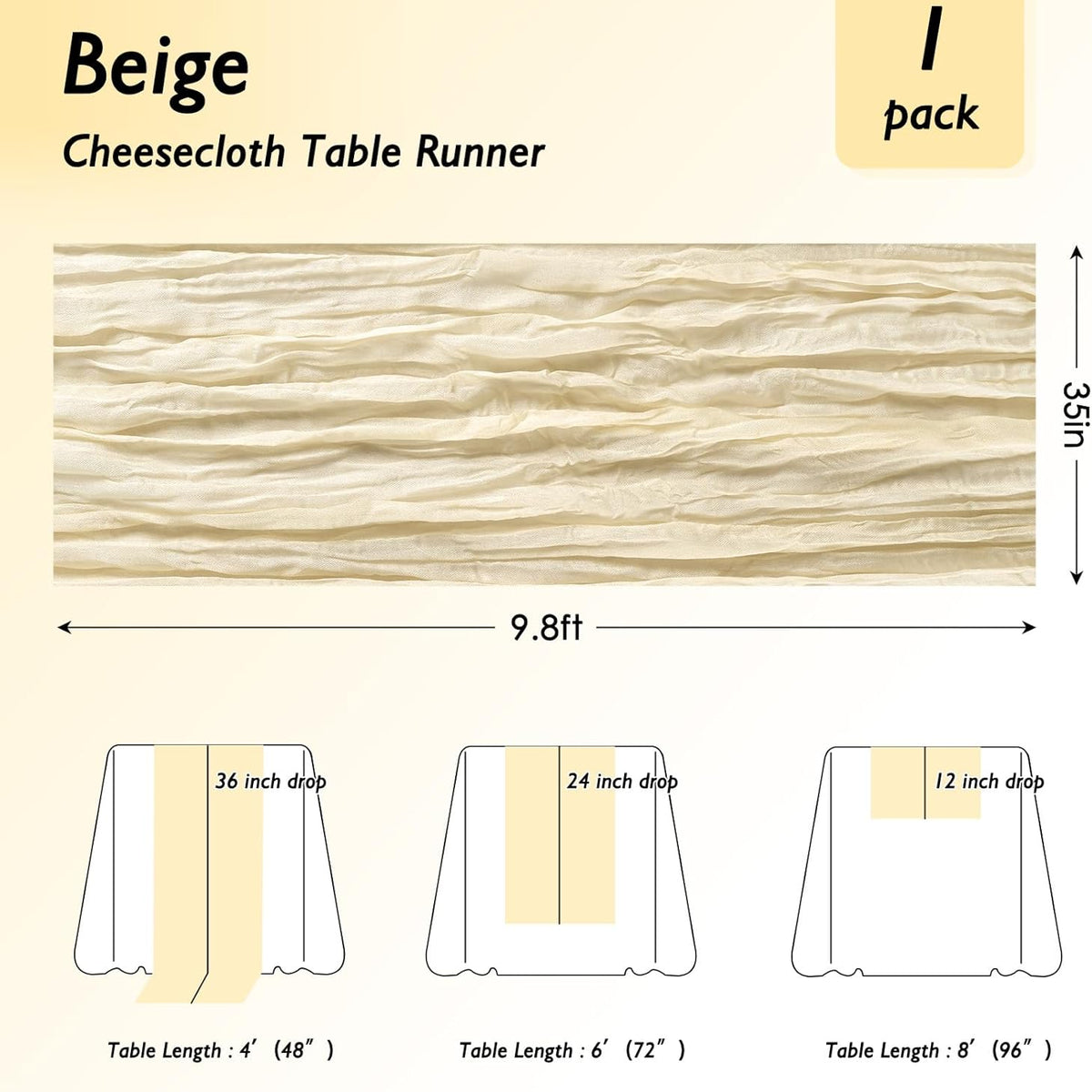 8 Pack Ivory Cream Cheesecloth Table Runner 120 Inch 10FT Beige Gauze Cheese Cloth for Wedding Decoration, Banquet, Boho Decor