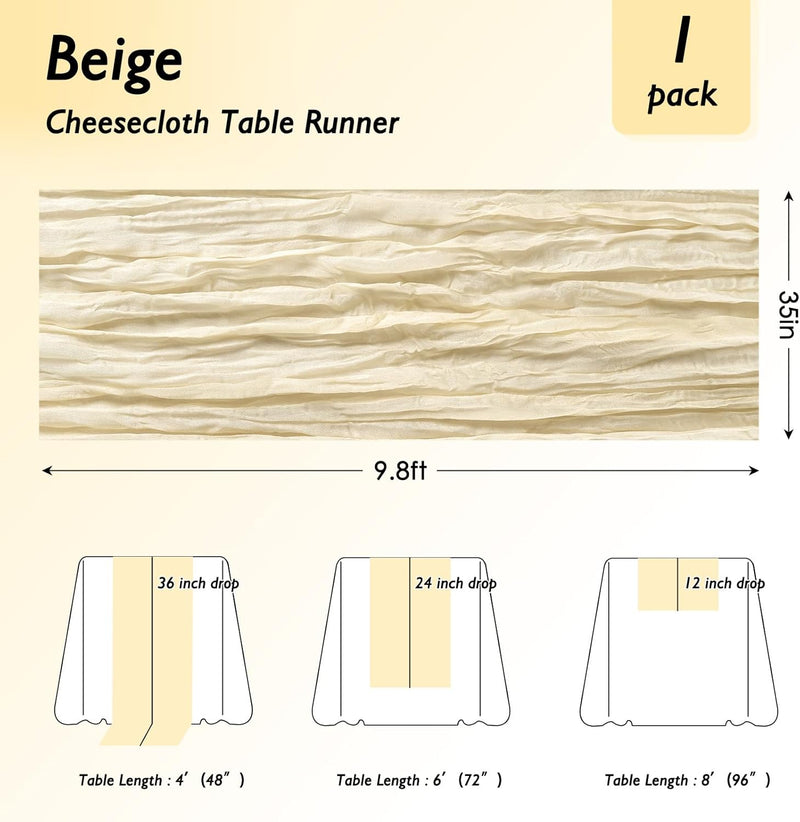 8 Pack Ivory Cream Cheesecloth Table Runner 120 Inch 10FT Beige Gauze Cheese Cloth for Wedding Decoration, Banquet, Boho Decor