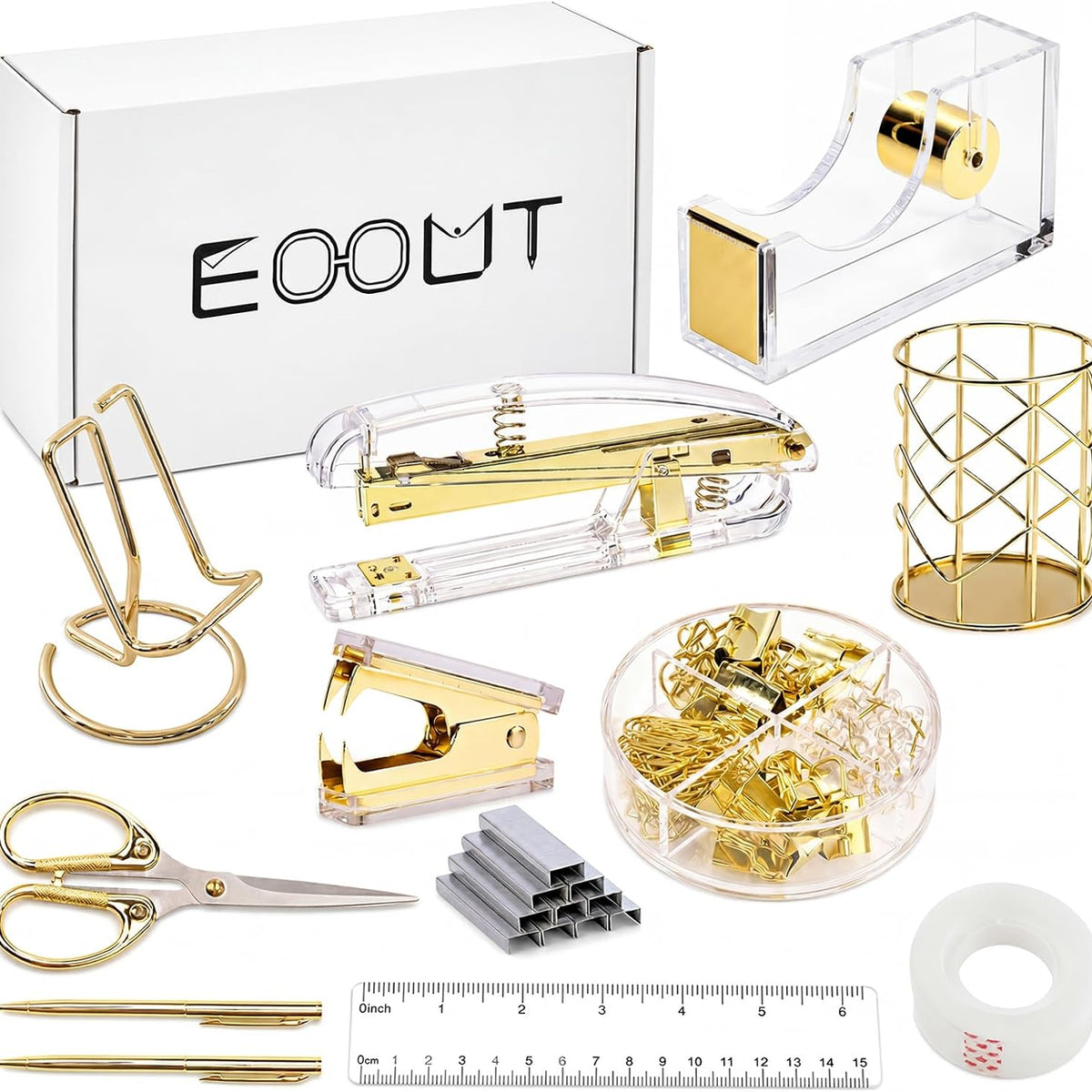 Gold Office Supplies Set Desk Accessories, Acrylic Stapler Set Staple Remover, Phone Holder, Tape Holder, Pen Holder, 2 Ballpoint Pen, Scissor, Binder Clips, Ruler, Transparent Glue and Staples.