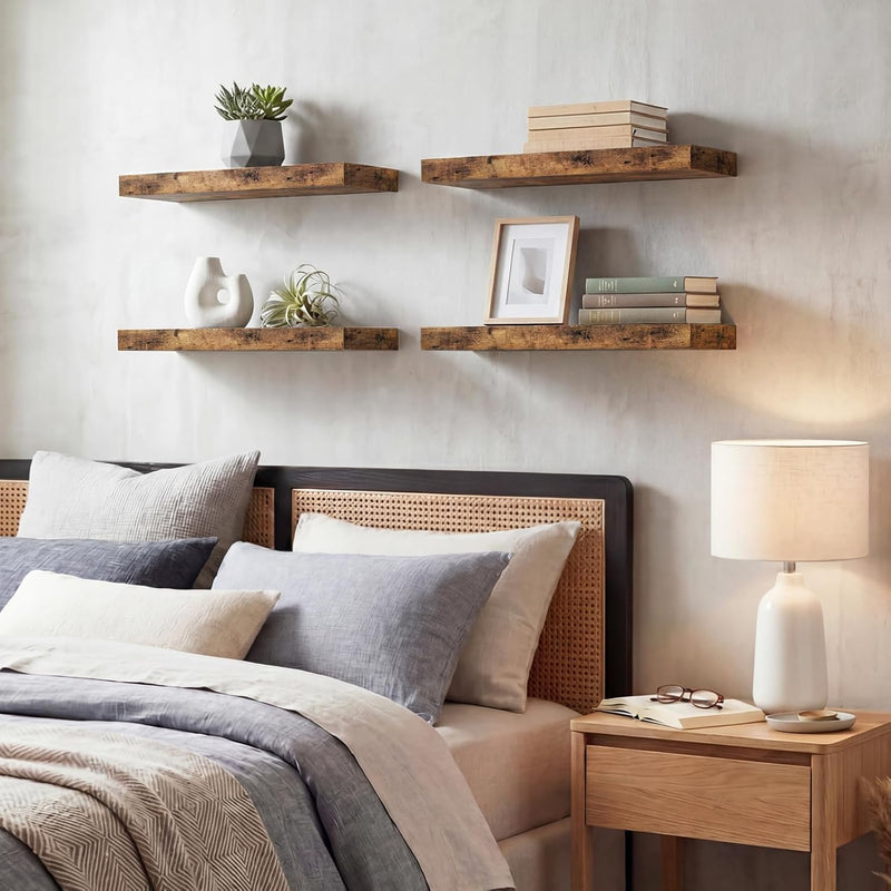 Fixwal Wood Floating Shelves, Wall Shelves Set of 4, Shelves for Wall Decor, with Invisible Brackets for Bathroom, Living Room,Bedroom and Kitchen(15.7in, Rustic Brown)