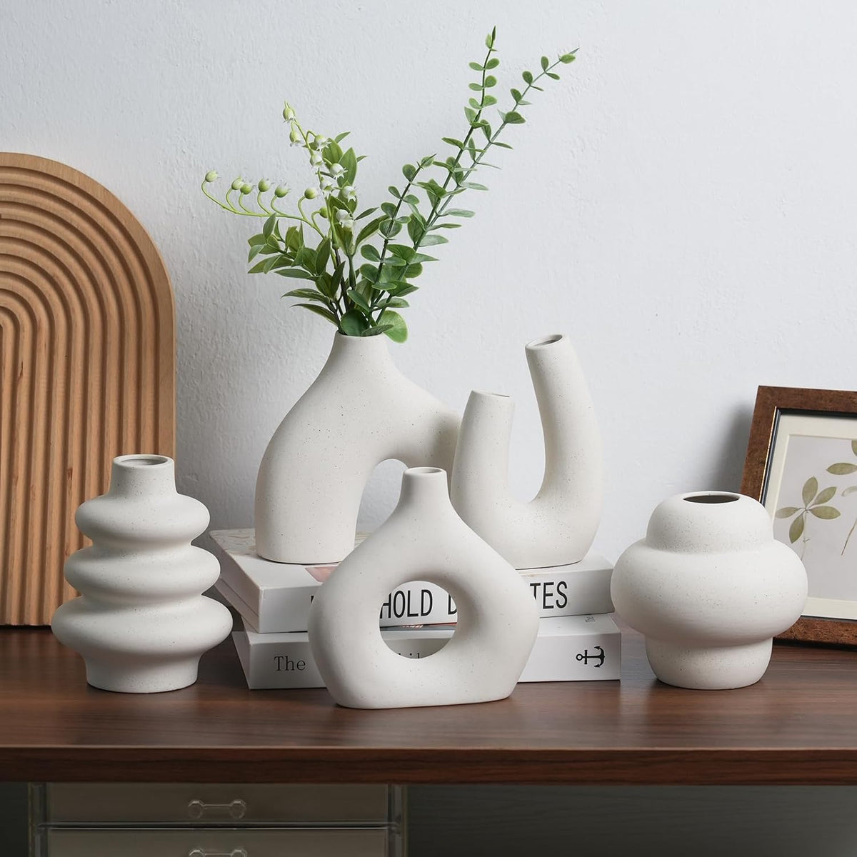 Ceramic Flower Vase Set of 5 Modern Nordic Boho Style Decorative Vases Home Decor, Matte Ceramic Decorations for Living Room Shelf, Bookshelf Mantle Entryway Table or Console Décor