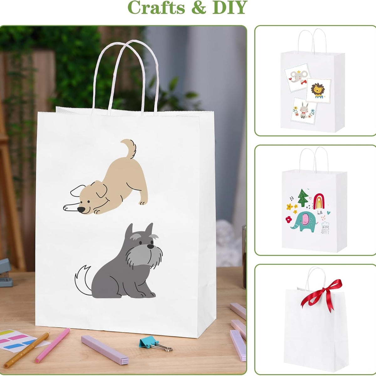 Moretoes Paper Bags with Handles 100pcs 10x5x13 Inches, White Kraft Gift Bags Bulk for Shopping, Retail, Small Business, Birthday Wedding Party Favor, Merchandise