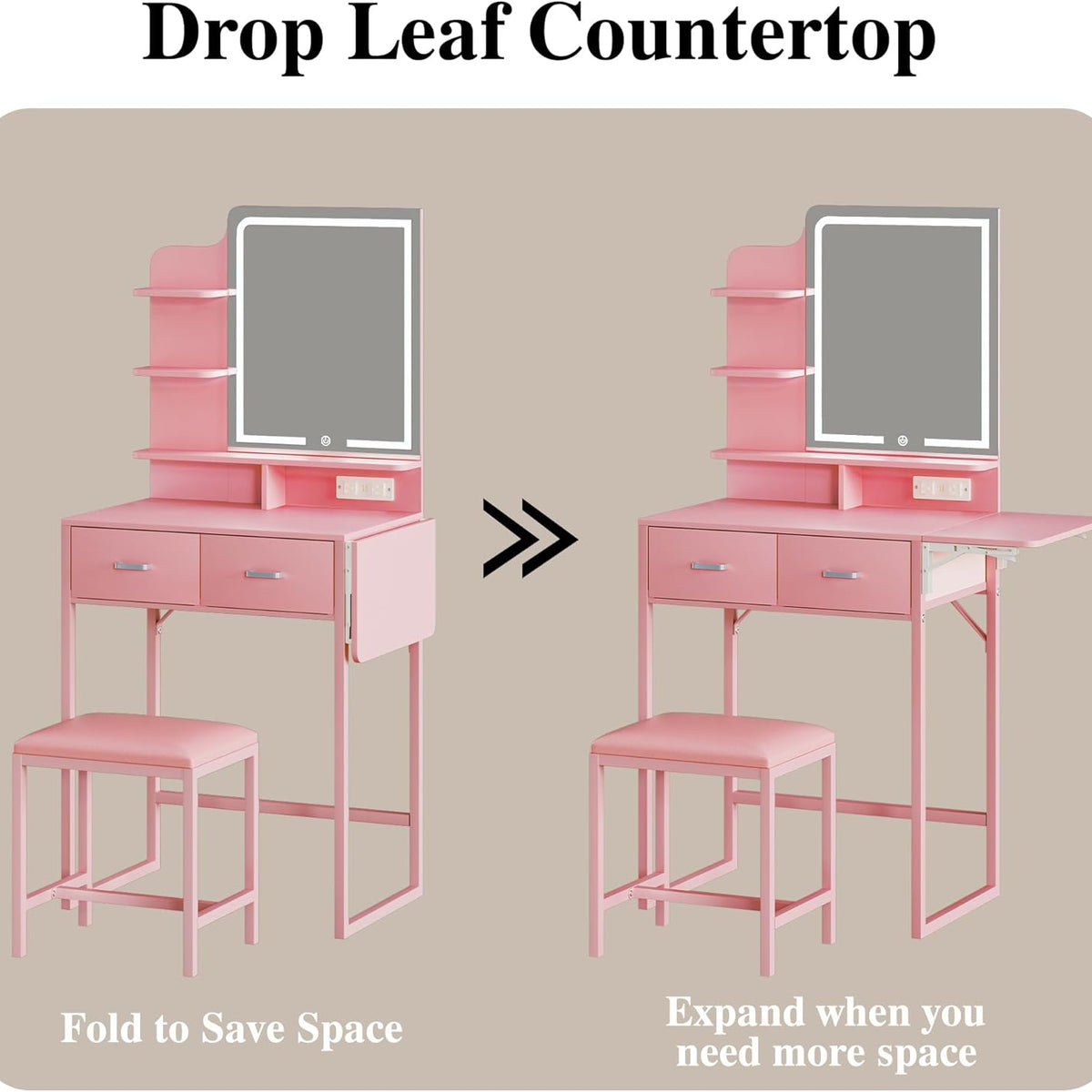 Vanity Desk with Mirror and Lights, Small Vanity with Fabric Storage Drawer & Chair & Shelves, Makeup Vanity with Fold-up Panel and Power Outlet for Bedroom