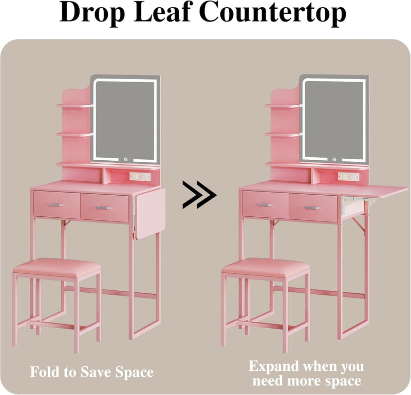 Vanity Desk with Mirror and Lights, Small Vanity with Fabric Storage Drawer & Chair & Shelves, Makeup Vanity with Fold-up Panel and Power Outlet for Bedroom