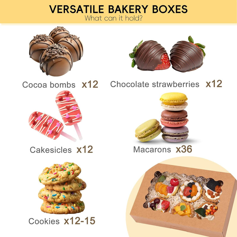 Moretoes 24pcs Bakery Boxes with Window, 12x8x2.5 Inches Auto-Popup Cookie Boxes for Muffins and Pastries (Brown)