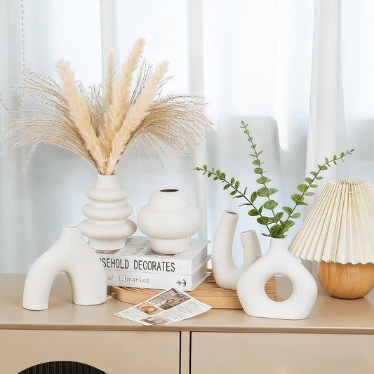 Ceramic Flower Vase Set of 5 Modern Nordic Boho Style Decorative Vases Home Decor, Matte Ceramic Decorations for Living Room Shelf, Bookshelf Mantle Entryway Table or Console Décor