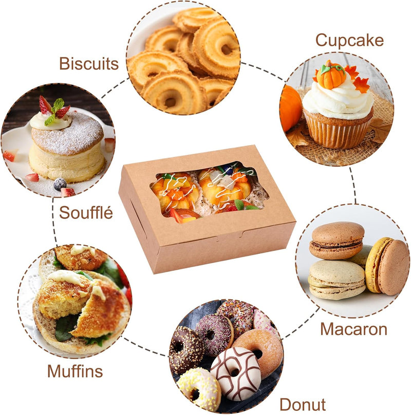 48pcs 8x6x2.5 Inches Cookie Boxes, Treat Boxes with 3 Style Window, for Chocolate Strawberries Muffins Donuts and Party Favor