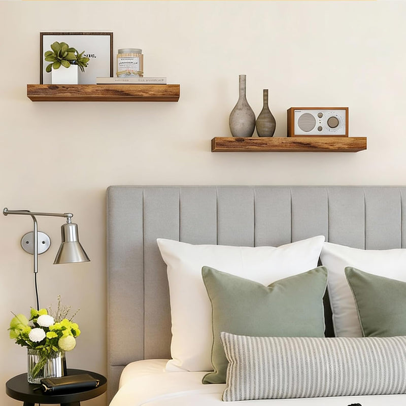 Fixwal Floating Shelves for Wall, 15.7" Wood Wall Mounted Shelves for Living Room, Bedroom, Bathroom and Kitchen, for Storage, Books, Room Decor (Rustic Brown, Set of 2)