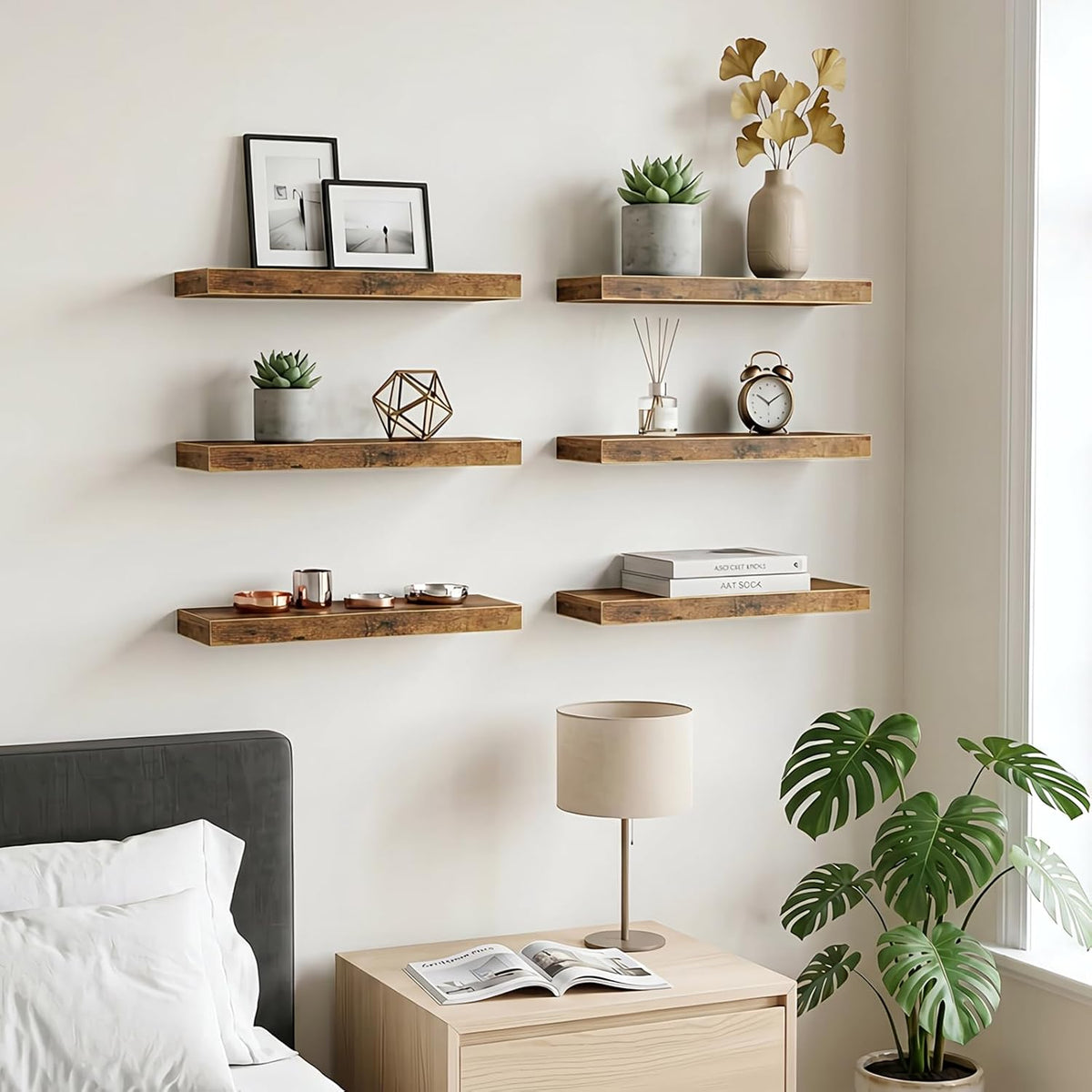 Fixwal 15.7in Floating Shelves, Set of 6 Wood Shelves, Farmhouse Shelf Wall Decor for Bathroom, Bedroom, Living and Kitchen Room (Rustic Brown)