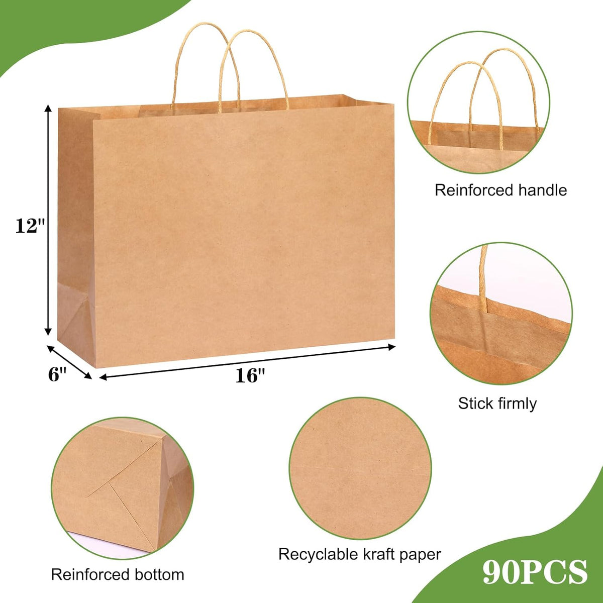 Moretoes 16x6x12 Inch 90pcs Brown Paper Bags with Handles Large Kraft Paper Gift Bags Bulk for Boutiques, Small Business, Retail Stores, Gifts, Merchandise