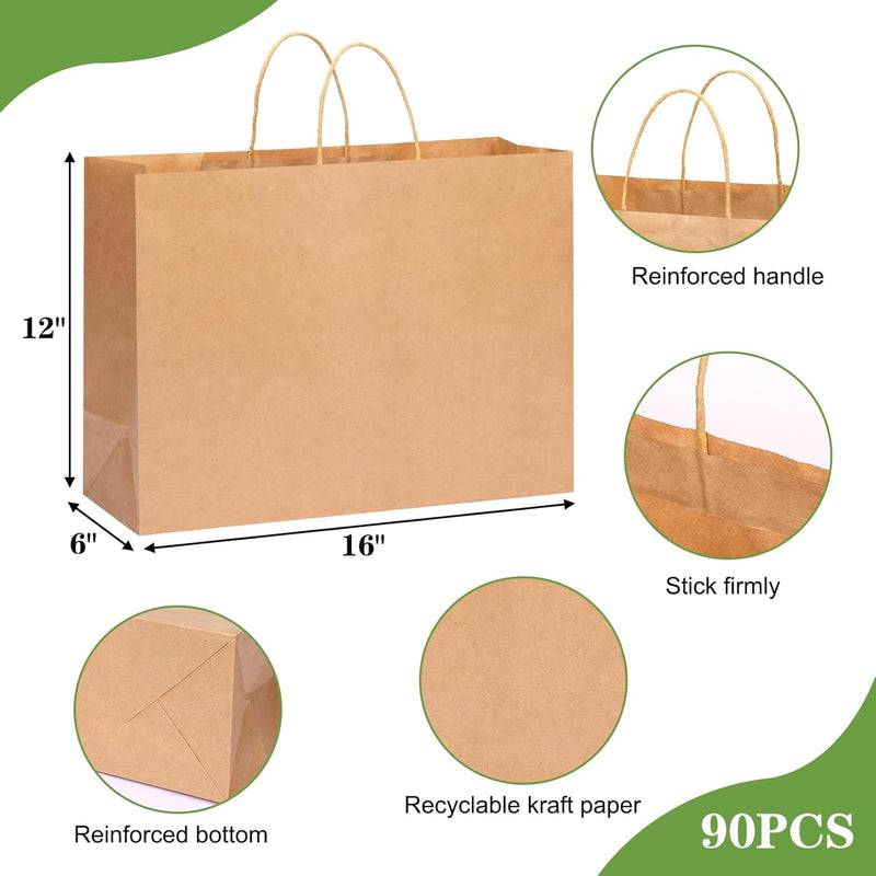 Moretoes 16x6x12 Inch 90pcs Brown Paper Bags with Handles Large Kraft Paper Gift Bags Bulk for Boutiques, Small Business, Retail Stores, Gifts, Merchandise