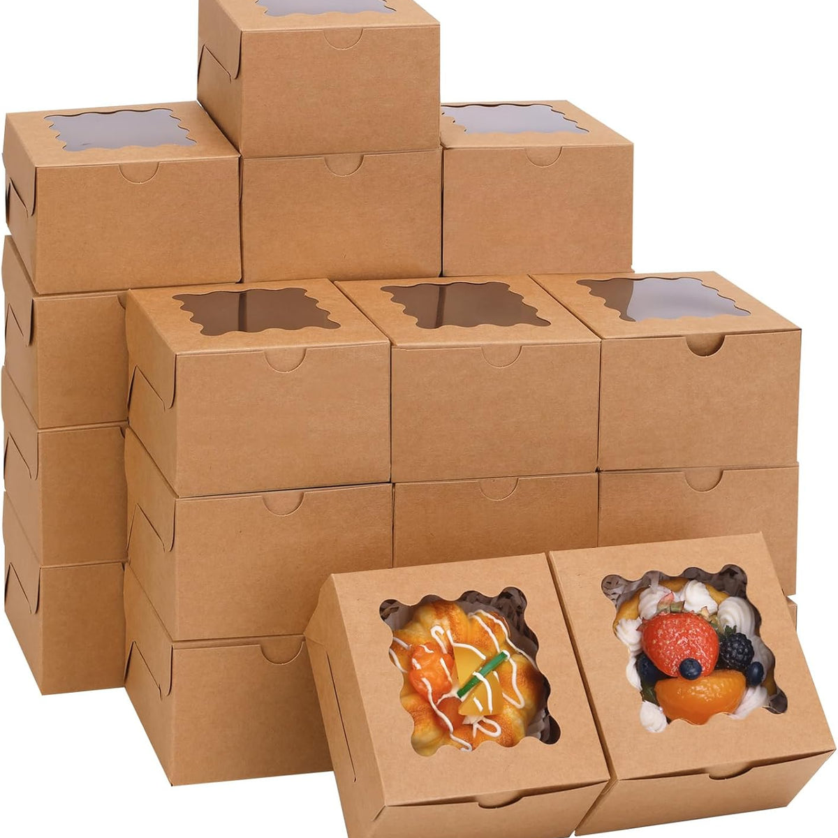 Moretoes 120pcs Cookie Boxes with Window, 4x4x2.5 Inches Brown Bakery Boxes Pastry Container Bulk for Small Cookies, Treats and Desserts