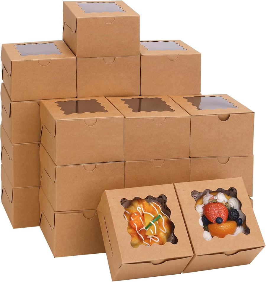 120pcs Cookie Boxes with Window, 4x4x2.5 Inches Brown Bakery Boxes Pastry Container Bulk for Small Cookies, Treats and Desserts