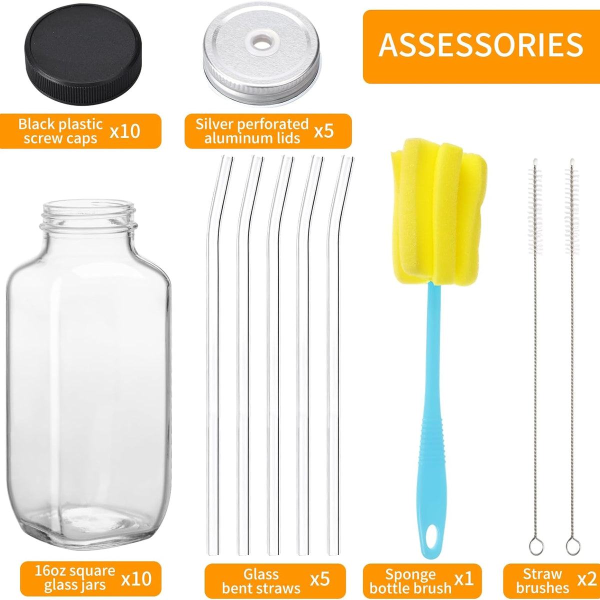 10pcs 16oz Glass Juice Bottles with Lids, Reusable Juice Containers Drinking Jars Water Cups with Brush, Glass Straws, Lids with Hole