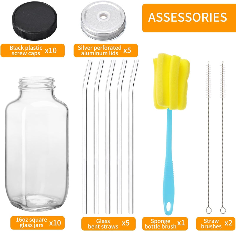 10pcs 16oz Glass Juice Bottles with Lids, Reusable Juice Containers Drinking Jars Water Cups with Brush, Glass Straws, Lids with Hole