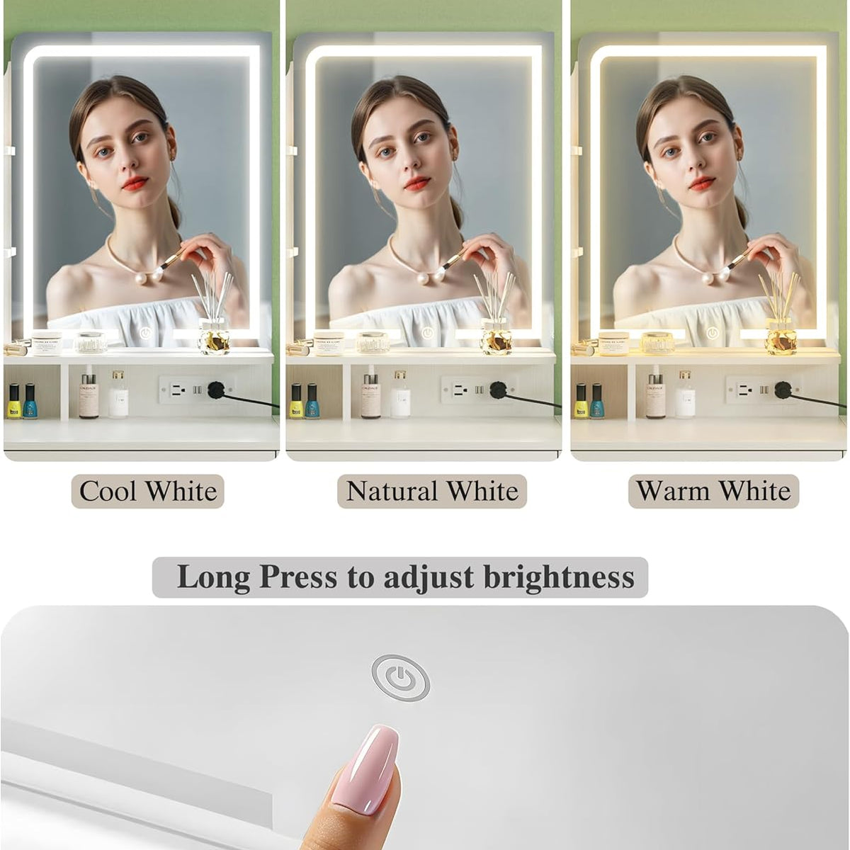 Makeup Vanity Desk with Mirror and Lights, 36.6" Small Makeup Vanity with 4 Fabric Storage Drawer & Chair & Shelves, White Vanity with Fold-up Panel and Power Outlet for Bedroom
