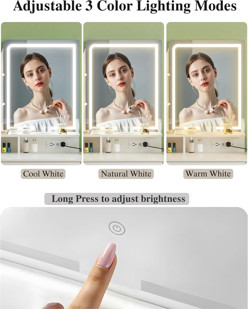 Makeup Vanity Desk with Mirror and Lights, 36.6" Small Makeup Vanity with 4 Fabric Storage Drawer & Chair & Shelves, White Vanity with Fold-up Panel and Power Outlet for Bedroom