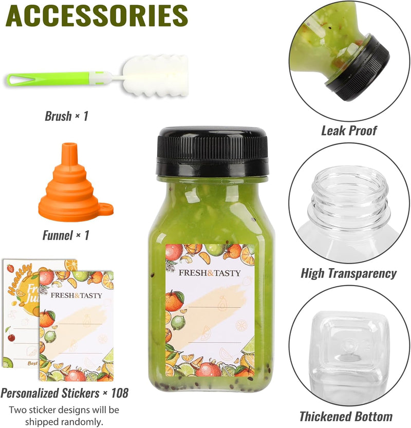 100pcs 4oz Juice Bottles, Reusable Small Shot Bottles with Lids, Labels, Funnel and Brush Beverage Containers for Juicing, Ginger Shots, Milk and Beverages