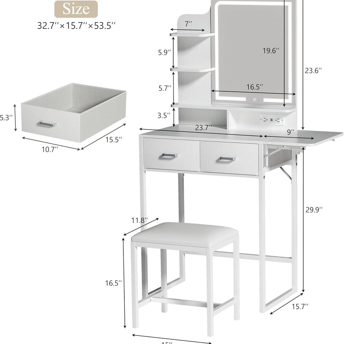 Fixwal  Makeup Vanity Desk with Lighted Mirror & Foldable Side Panel