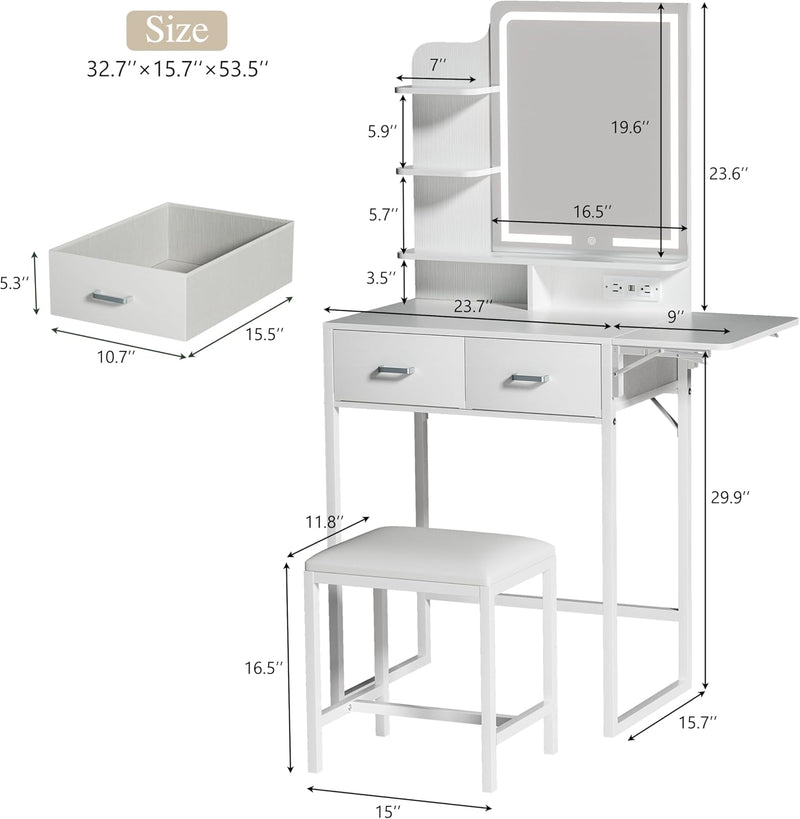 Fixwal  Makeup Vanity Desk with Lighted Mirror & Foldable Side Panel
