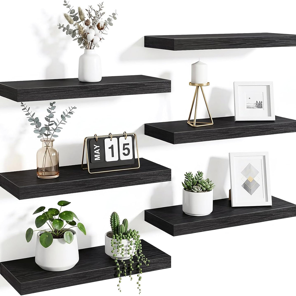 Fixwal Black Shelves, 15.7in Floating Shelves, Farmhouse Shelf Wall Decor for Bathroom, Bedroom, Living and Kitchen Set of 6