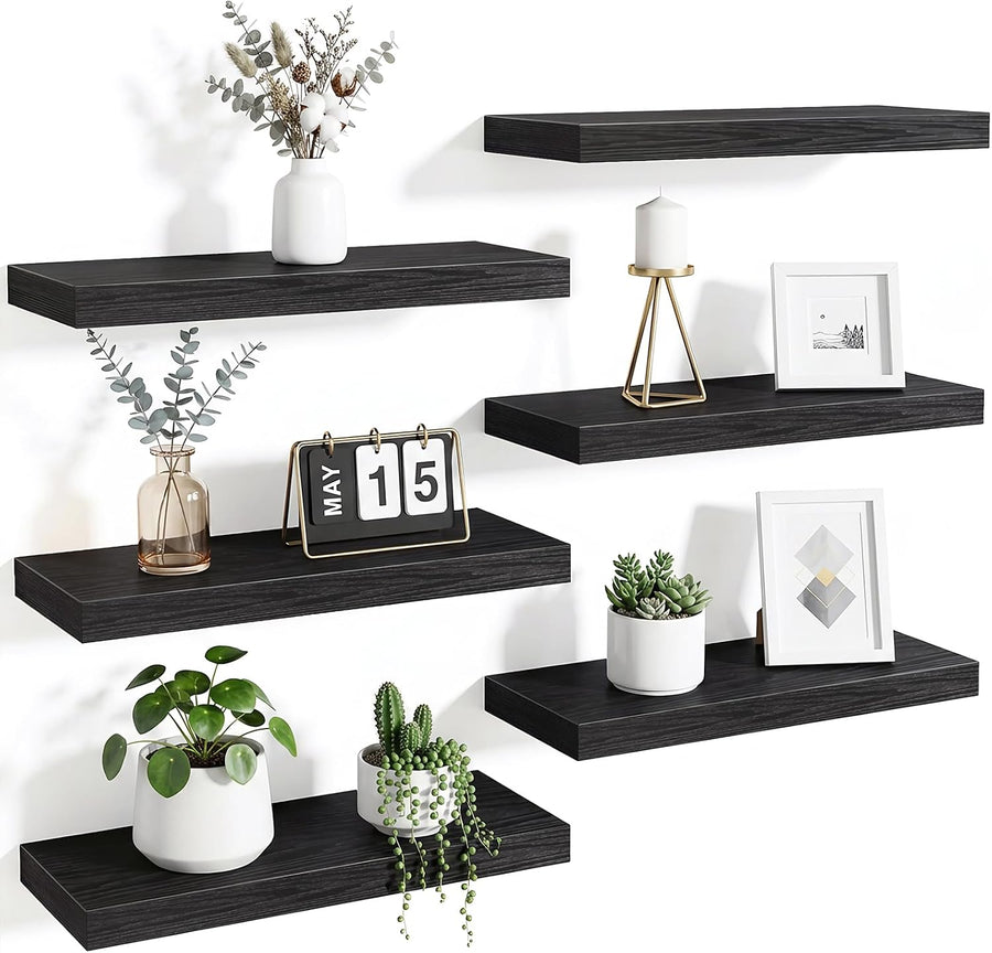 Black Shelves, 15.7in Floating Shelves, Farmhouse Shelf Wall Decor for Bathroom, Bedroom, Living and Kitchen Set of 6