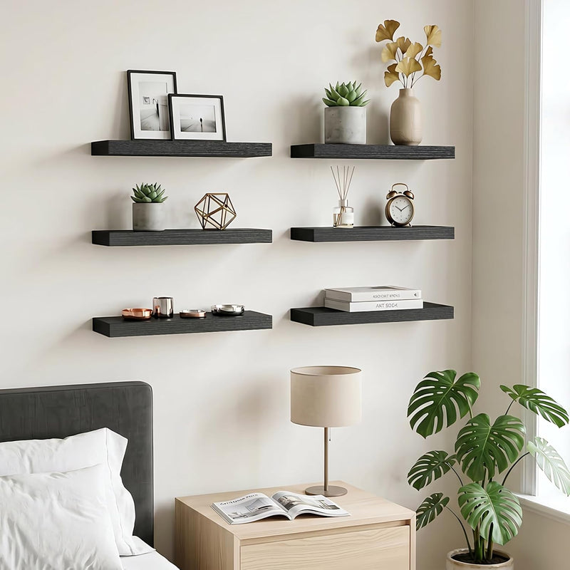 Fixwal Black Shelves, 15.7in Floating Shelves, Farmhouse Shelf Wall Decor for Bathroom, Bedroom, Living and Kitchen Set of 6