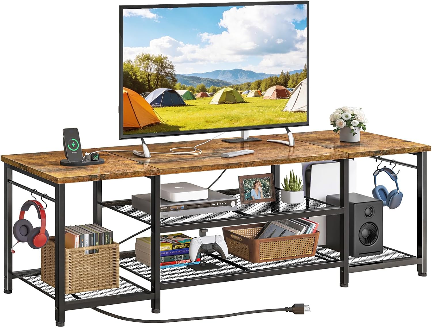 TV Stand for Up to 75 Inch TVs, Entertainment Center with Power Outlet and Open Storage Shelves, TV Media Console Table for Living Room and Bedroom, Rustic Brown