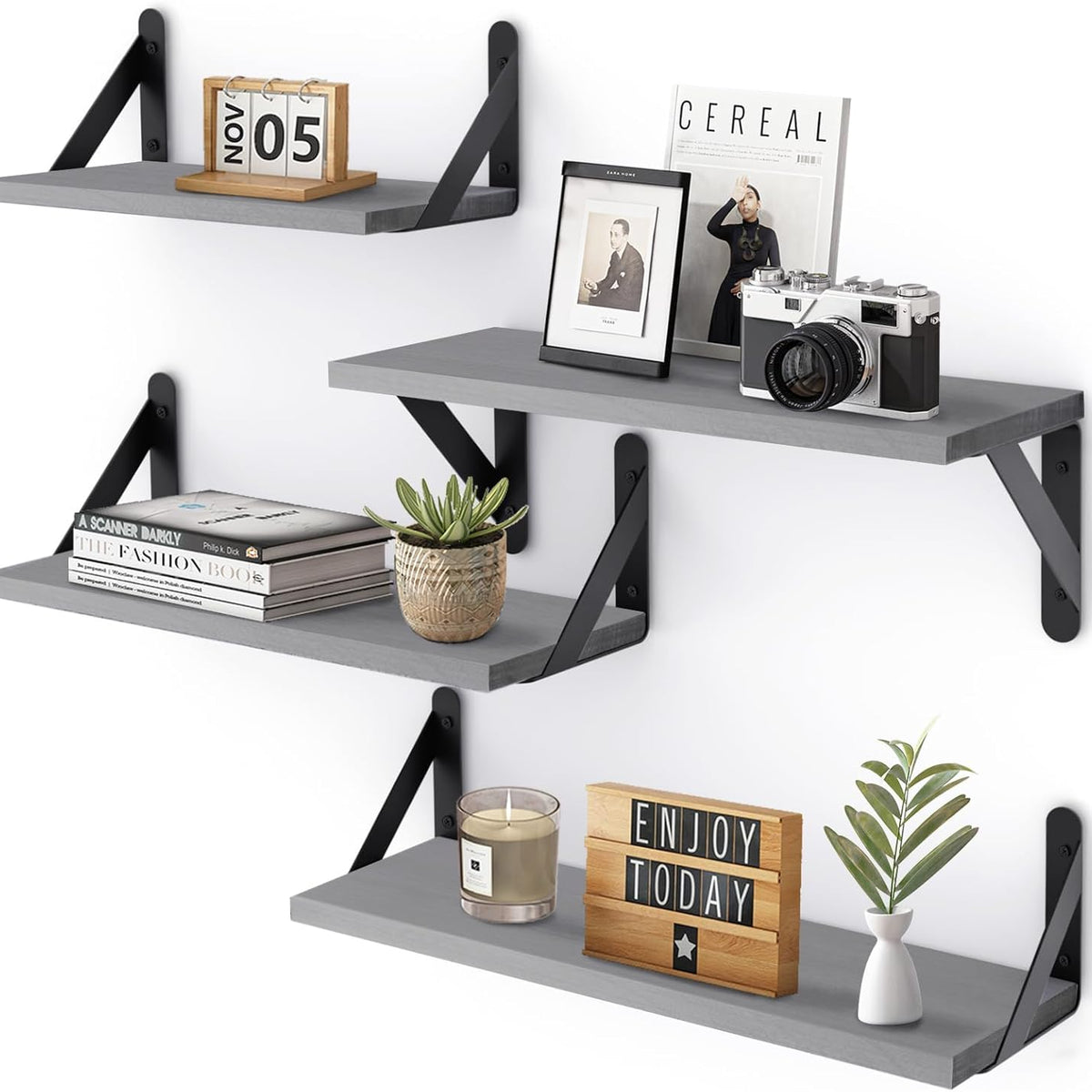 Floating Shelves for Wall, Different Sizes Gray Wall Shelves for Living Room, Bathroom, Bedroom, Kitchen, Home Decor (Set of 4)