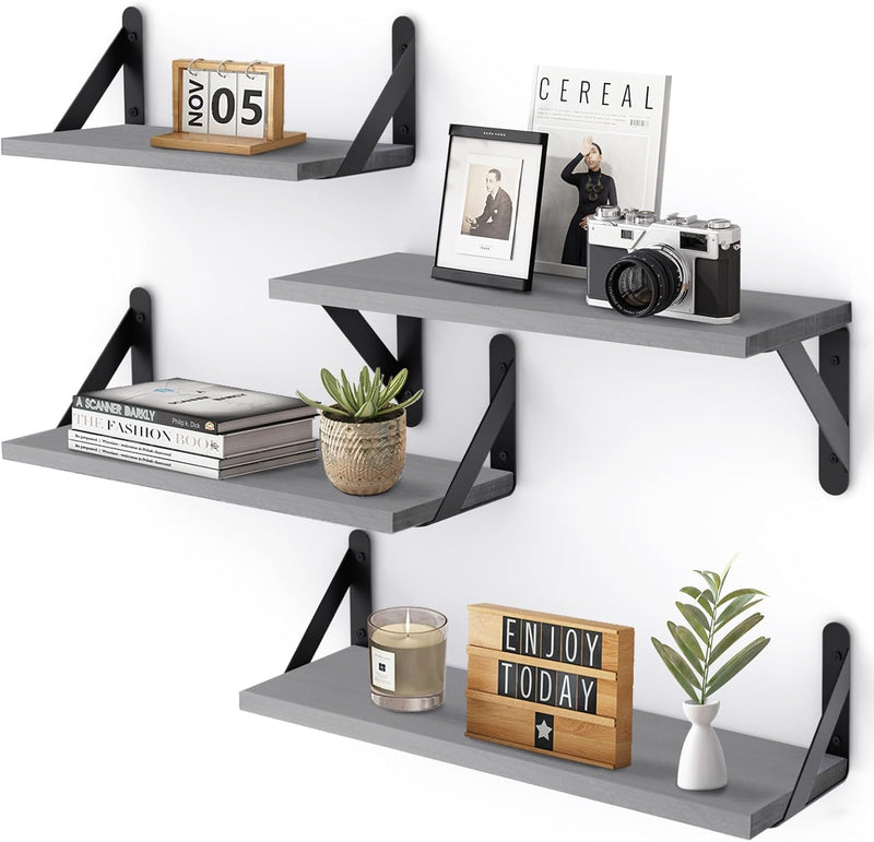 Floating Shelves for Wall, Different Sizes Gray Wall Shelves for Living Room, Bathroom, Bedroom, Kitchen, Home Decor (Set of 4)
