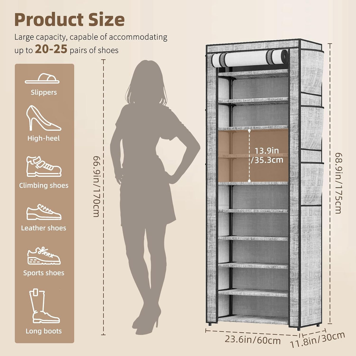 Shoe Rack with Cover, Narrow Shoe Rack with 6 Side Pockets, 10 Tier Tall Shoe Organizer Holds 16-22 Pairs Shoes and Boots, Shoe Storage for Closet, Entryway and Hallway, Gray