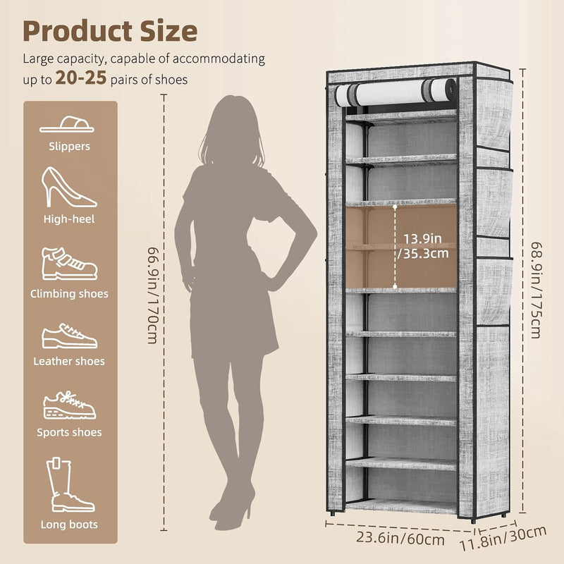 Shoe Rack with Cover, Narrow Shoe Rack with 6 Side Pockets, 10 Tier Tall Shoe Organizer Holds 16-22 Pairs Shoes and Boots, Shoe Storage for Closet, Entryway and Hallway, Gray