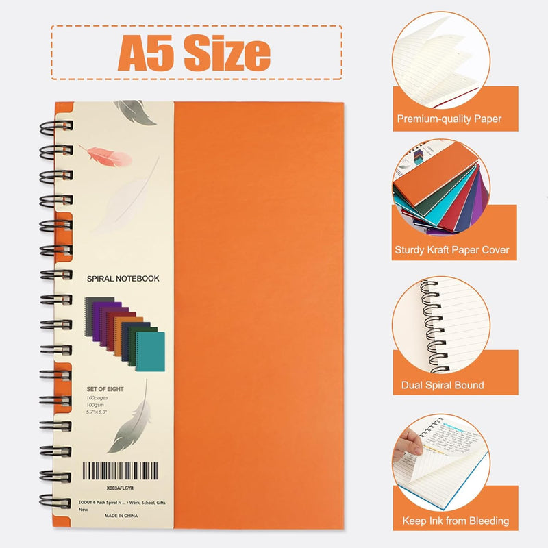 8 Pack Spiral Notebook, Hardcover A5 Notebooks, College Ruled Spiral Journals, Assorted Jewel Tone Colors, 160 Pages, 5.5"x8.5", for Work, School, Gifts