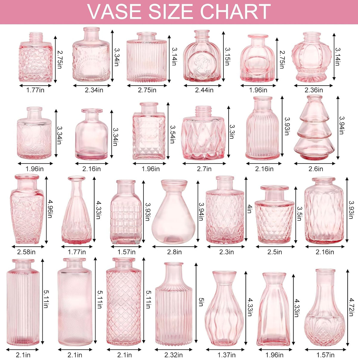 36pcs Pink Glass Bud Vase Set, Small Flower Vases for Centerpieces in Bulk, Mini Vintage Vase for Home, Wedding, Table Decor