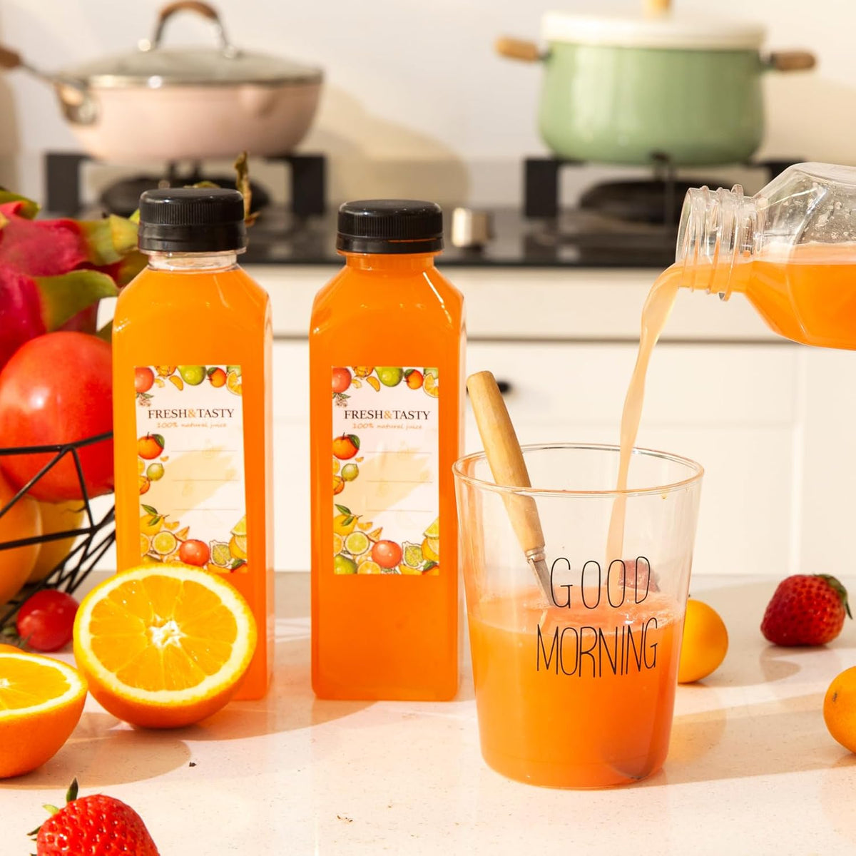 100pcs Plastic Bottles with Caps, 16oz Juice Bottles, with Caps with Black Caps,with Label, Funnel and Brush Beverage Containers for Juicing, Smoothies, Tea, Milk